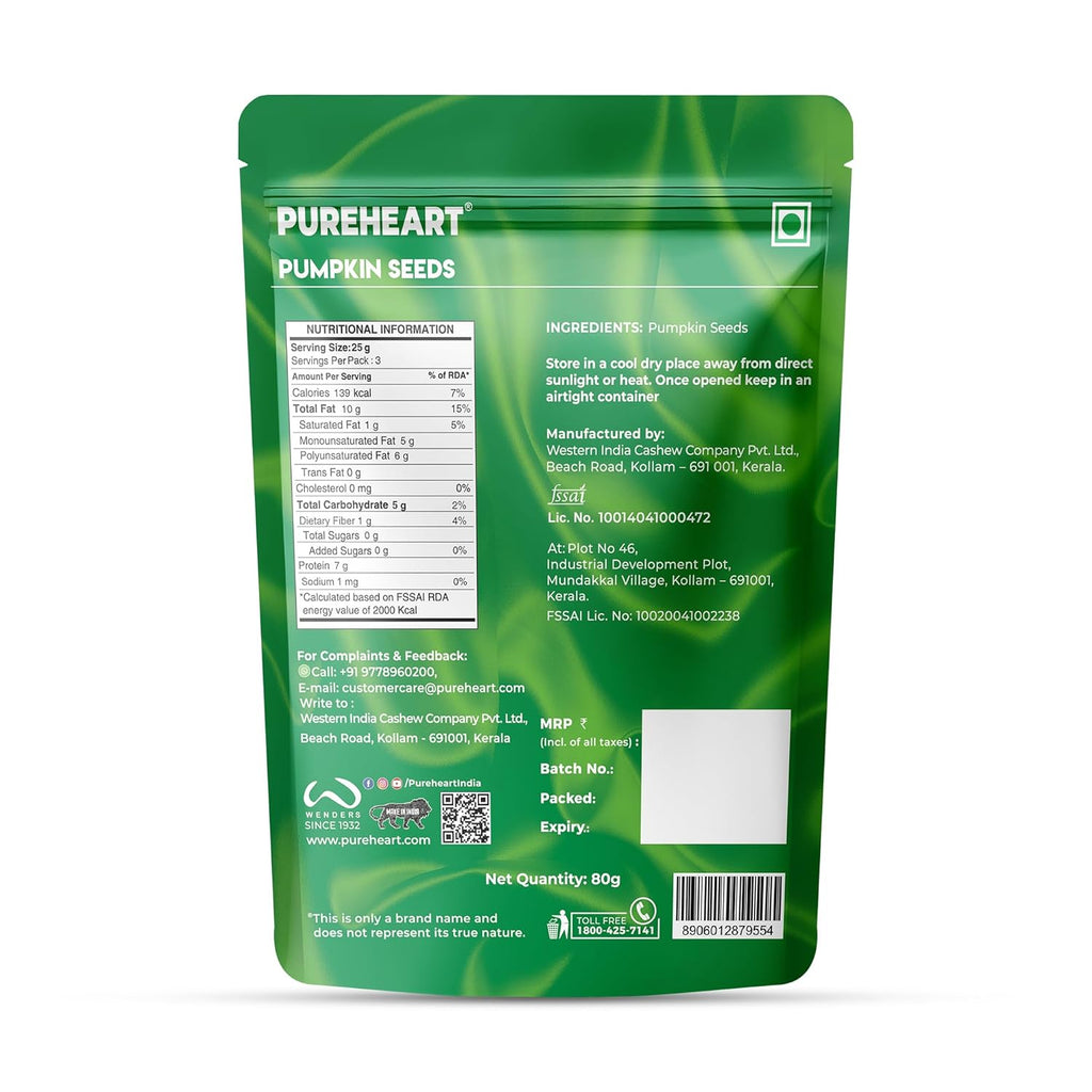 Pureheart Premium Raw Pumpkin Seeds for Snacking/Topping 80 gm - Superfood for Heart Health, Digestion & Immune Support, Rich in Protein, Fibre, Healthy Diet Snacks