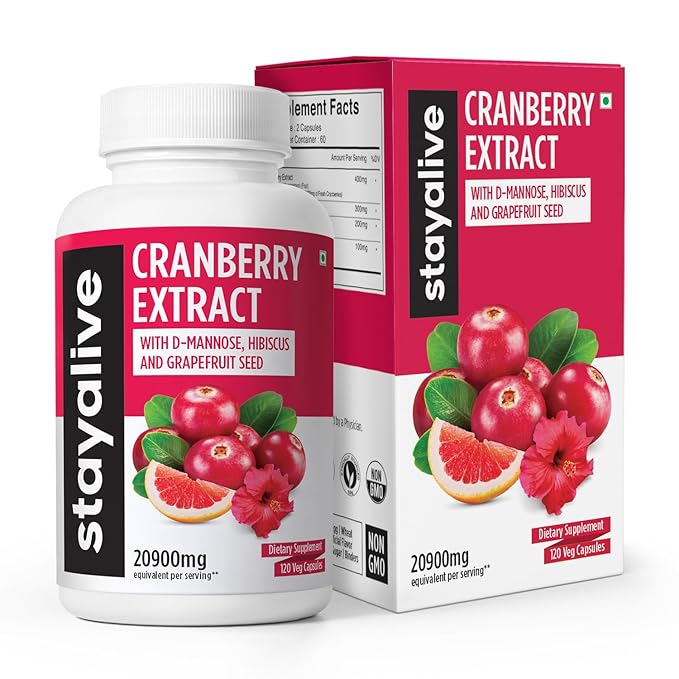 StayAlive Cranberry Supplement for UTI PCOS PCOD 20900mg 50:1 Cranberry Extract - 120 caps