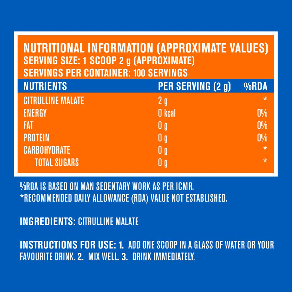 Fast&Up Citrulline (100 Servings) Citrulline Malate to Enhance Muscle Pump, Sustain Longer Workouts & Boost Recovery (Unflavored,Pack of 200 gm Powder)