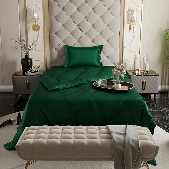 Stoa Paris Satin Comforter Single Bed with 300 TC One Pillow Cover Colour Emerald Green