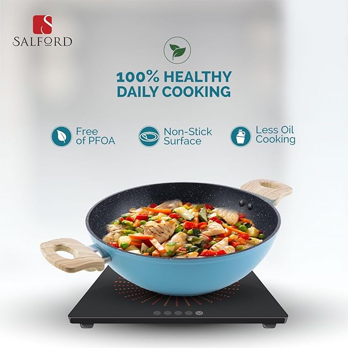 Salford by Ucook Forged Non-stick Kadhai + Glass Lid With Soft Touch Wooden Handle | Black Spatter Finish Dusty Blue- 240mm | 2.5 Litre
