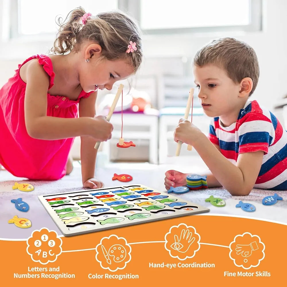 Lefan Wooden Magnetic Fishing Game for Toddlers, Montessori Fine Motor Skills Toy with Letters and Numbers, Preschool Learning ABC and Puzzle Birthday Toys Gift for 3 4 5 6 7 8+ Year Old Kids