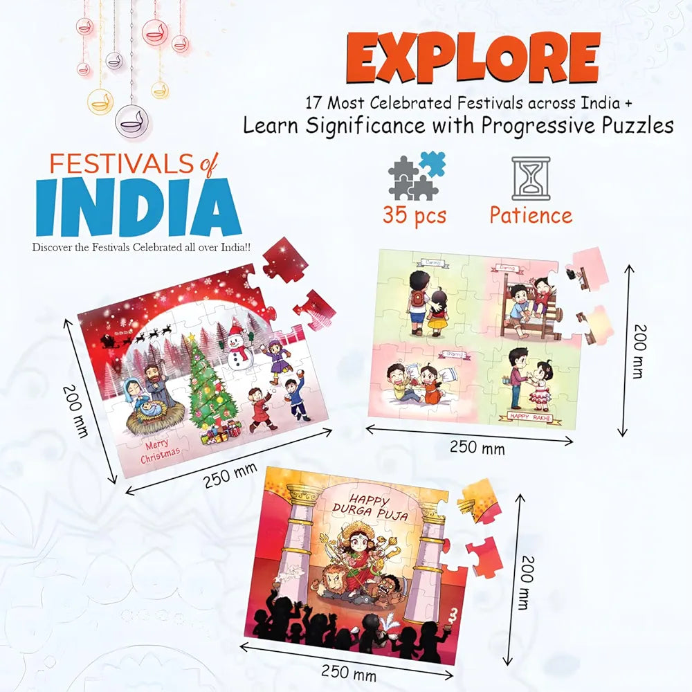 Playqid Festivals of India Puzzle for Toddlers and Children Step-by-Step Jigsaw 17 Growing Puzzles with Flashcards Educational Montessori Gifts for Kids