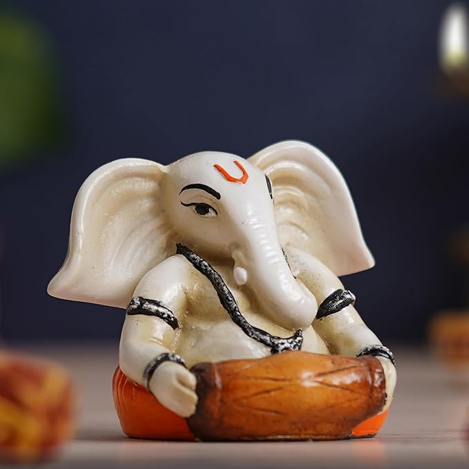 Ecraftindia White & Orange Polyresin Handcrafted Lord Ganesha Idol Playing Dholak Musical Instrument | Decorative God Statue Ideal