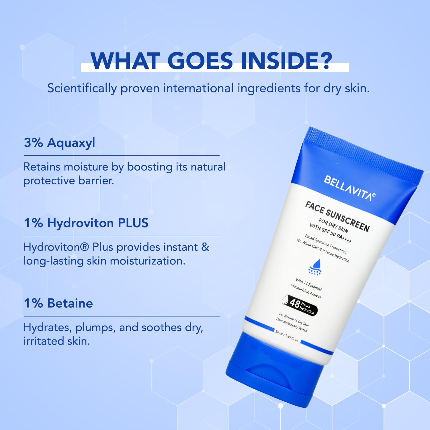 BELLAVITA Sunscreen SPF 50 For Dry Skin|SPF 50 PA++++|Broad Spectrum Protection | No White Cast | Water & Sweat Resistant|Dermatologically Tested|Hydrating Sunscreen|48hrs Hydration | For Men & Women | 50ml