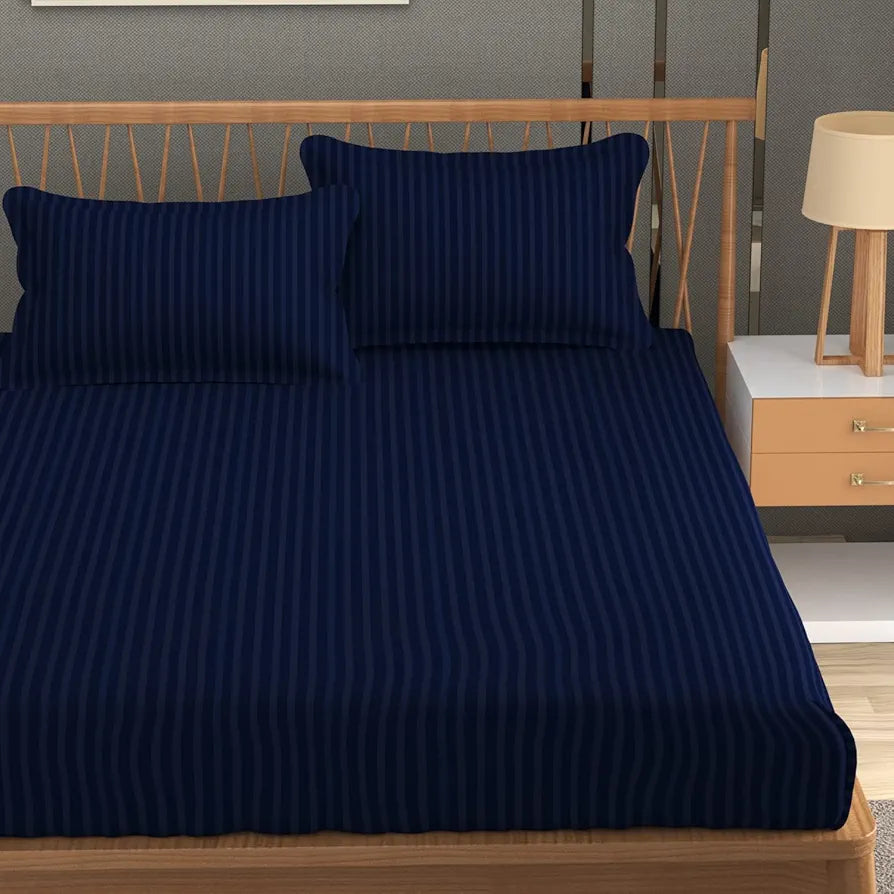 Homefab India 160 TC Stripe Glace Cotton Double BedSheet with 2 Pillow Covers Navy Blue