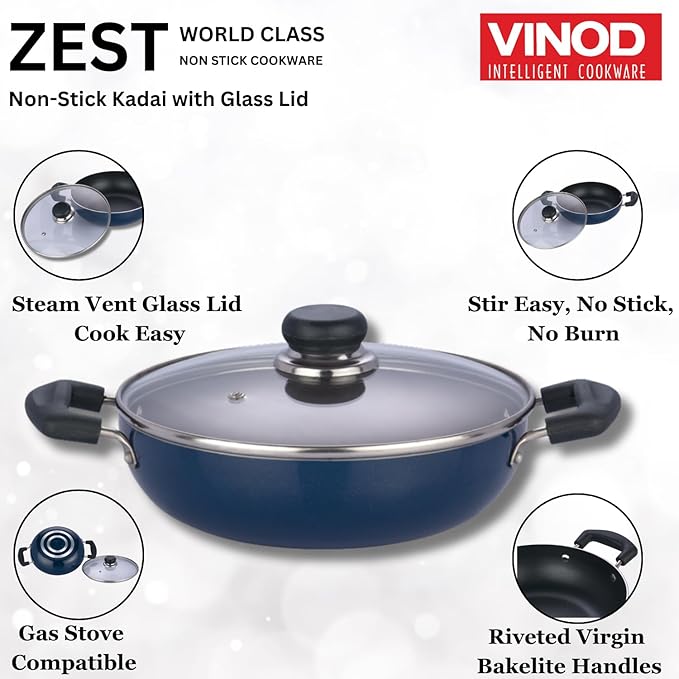 Vinod Zest Aluminium Non Stick Kadhai with Glass Lid - 2.8 Litre, 24cm | 3 Layer Ceramic Coating | 3 mm Thick