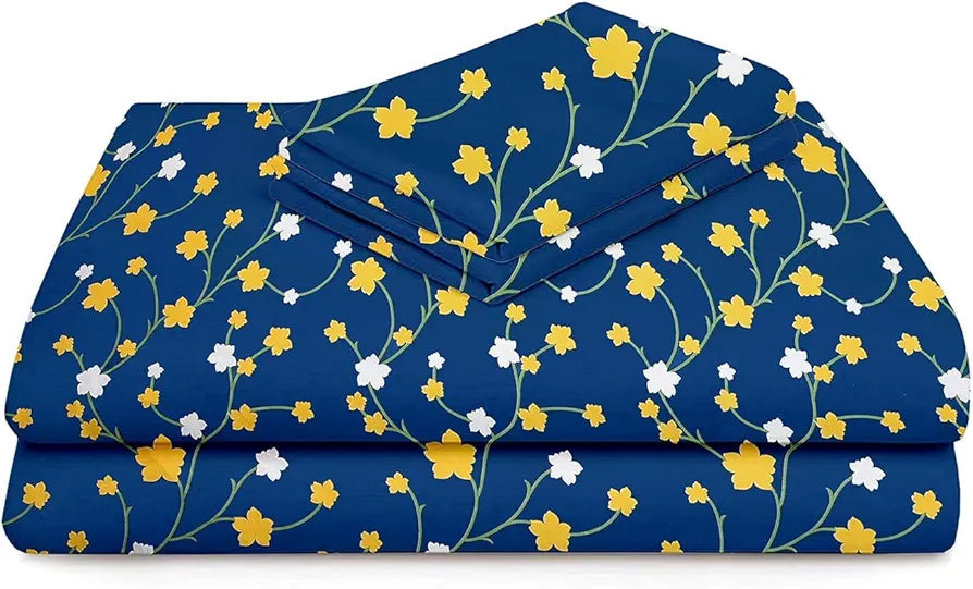 HomeKart Premium Microfiber 144 TC Flat Single Bedsheets Breathable with 1 Pillow Cover Dark Blue & Yellow