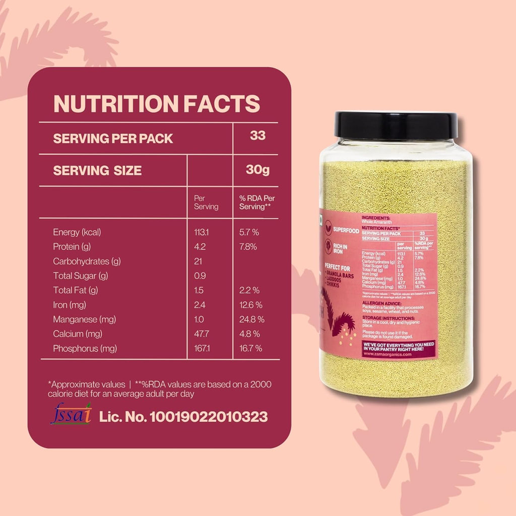 Zama Organics Amaranth Seeds 1Kg Jar | Rich in Fiber & Protein | Keto Friendly | Gluten free, Calcium Rich | No Cholesterol | Rajgira Seed | Best for soups, chapati, salads