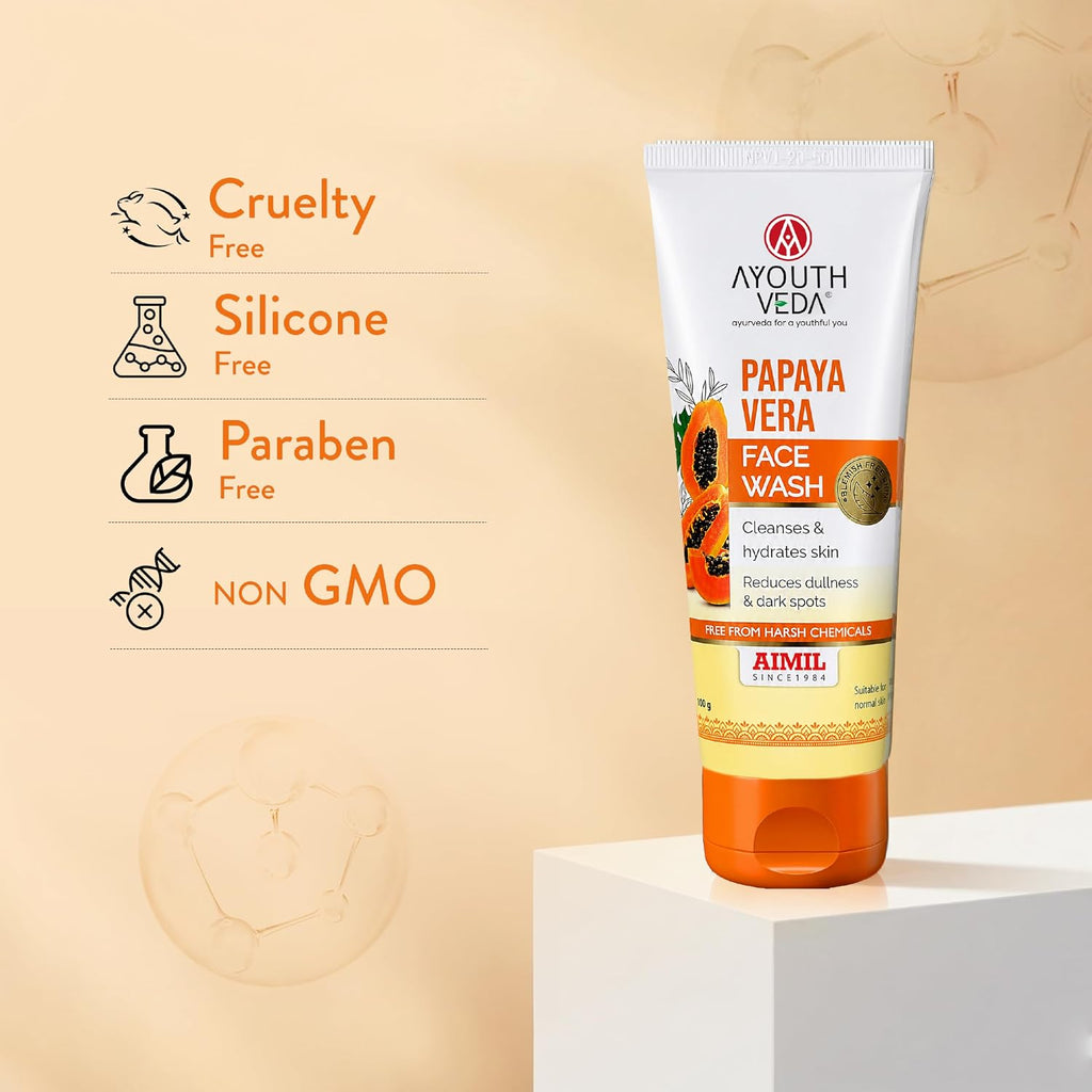 Ayouthveda Papaya Vera Face Wash with Real Papaya Extract for Dry to Normal Skin | Deep Cleansing, Removes Dullness, Dark Spots & Impurities | Hydrating, Sulfate-Free Gentle Formula | 100 g (Pack of 1)
