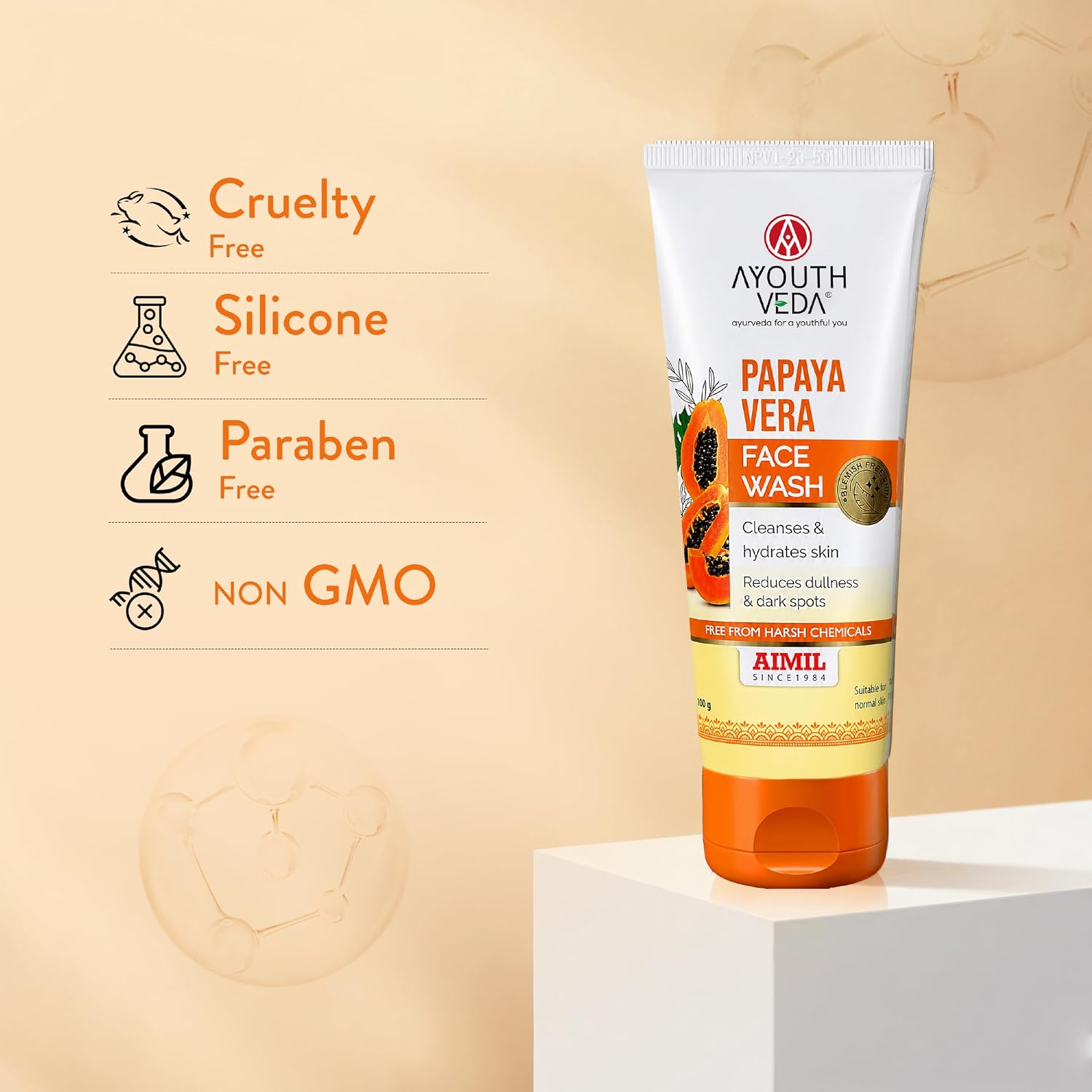 Ayouthveda Papaya Vera Face Wash with Real Papaya Extract for Dry to Normal Skin | Deep Cleansing, Removes Dullness, Dark Spots & Impurities | Hydrating, Sulfate-Free Gentle Formula | 100 g (Pack of 1)