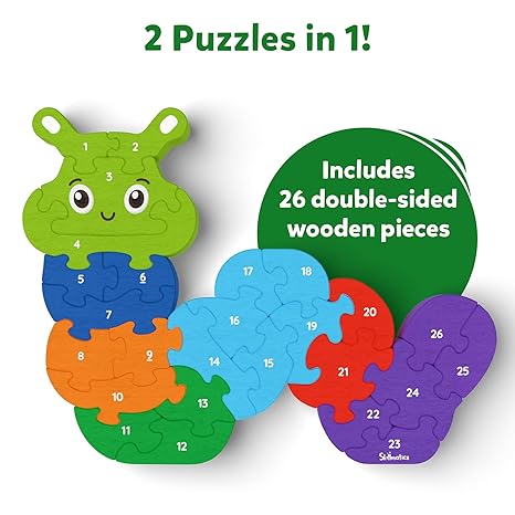 Skillmatics Wooden Puzzle The Clever Caterpillar 2 Puzzles Learn Letters & Numbers