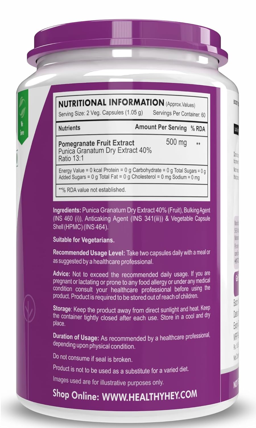 HealthyHey Nutrition Pomegranate Fruit Extract 500mg- 120 Vegetable Capsules (120)