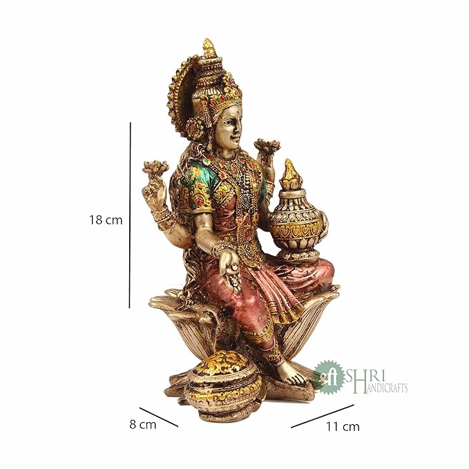 Indicast 7" Inch Cold Cast Resin Laxmi Showpiece for Puja Room and Temple Antique Decor | Metal Finish, Copper