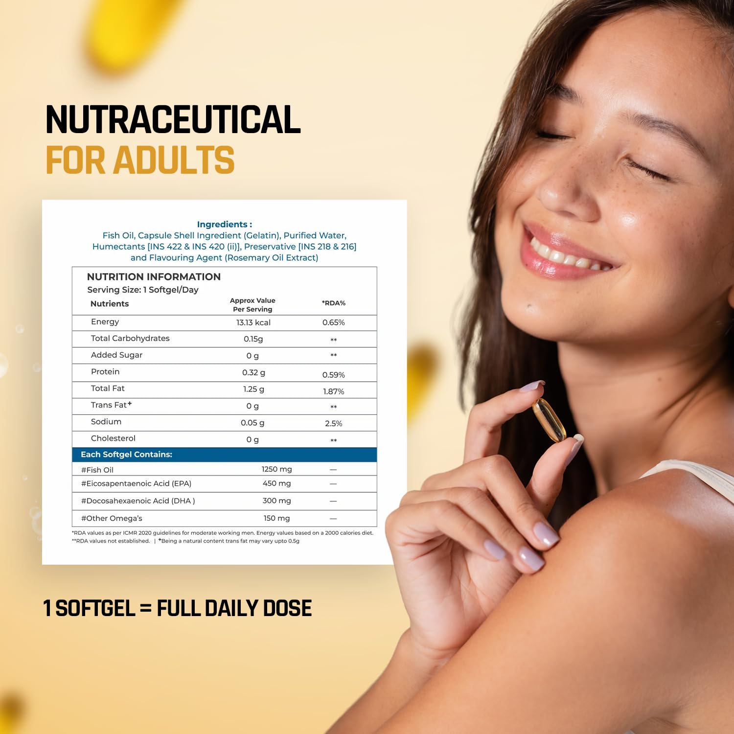 NATURALTEIN Omega-3 Fish Oil 1250mg Triple Strength Softgels | 450mg EPA & 300mg DHA in Triglyceride Form for Better Absorption | Heart, Brain, Eye & Joint Support | Glyphosate-Free | 60 Capsules