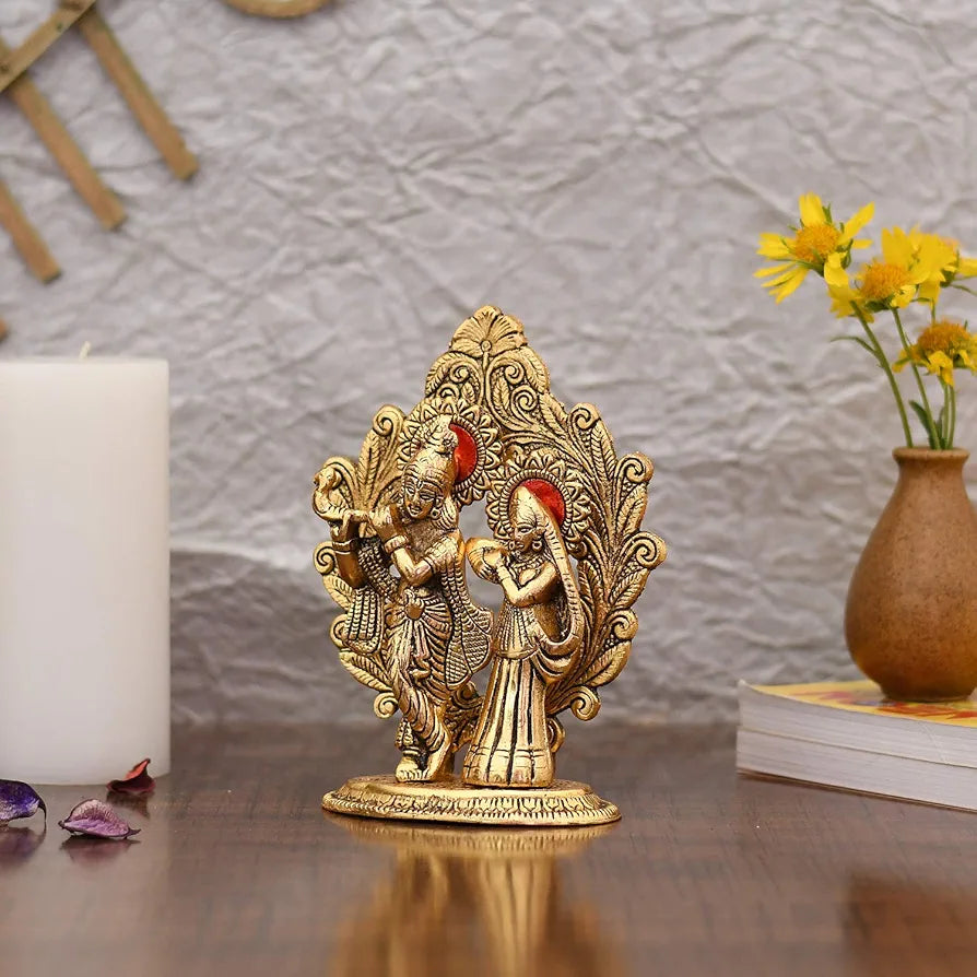 Collectible India Gold Plated Metal Radha Krishna Statue Radha Krishan Idol Showpiece Figurine