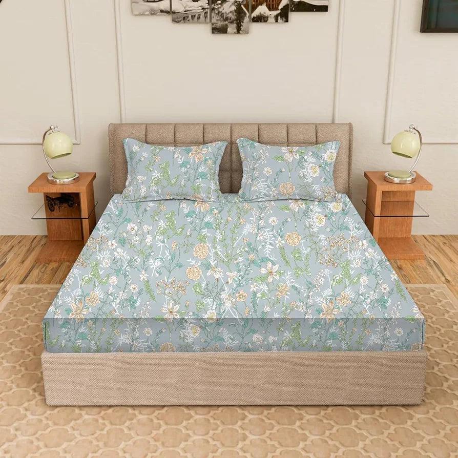 Trance Home Linen Skin Friendly 100% Cotton Printed Fitted Bedsheet for Queen Size Bed with 2 Pillow Cover Premium 180TC Colour Wild Flowers
