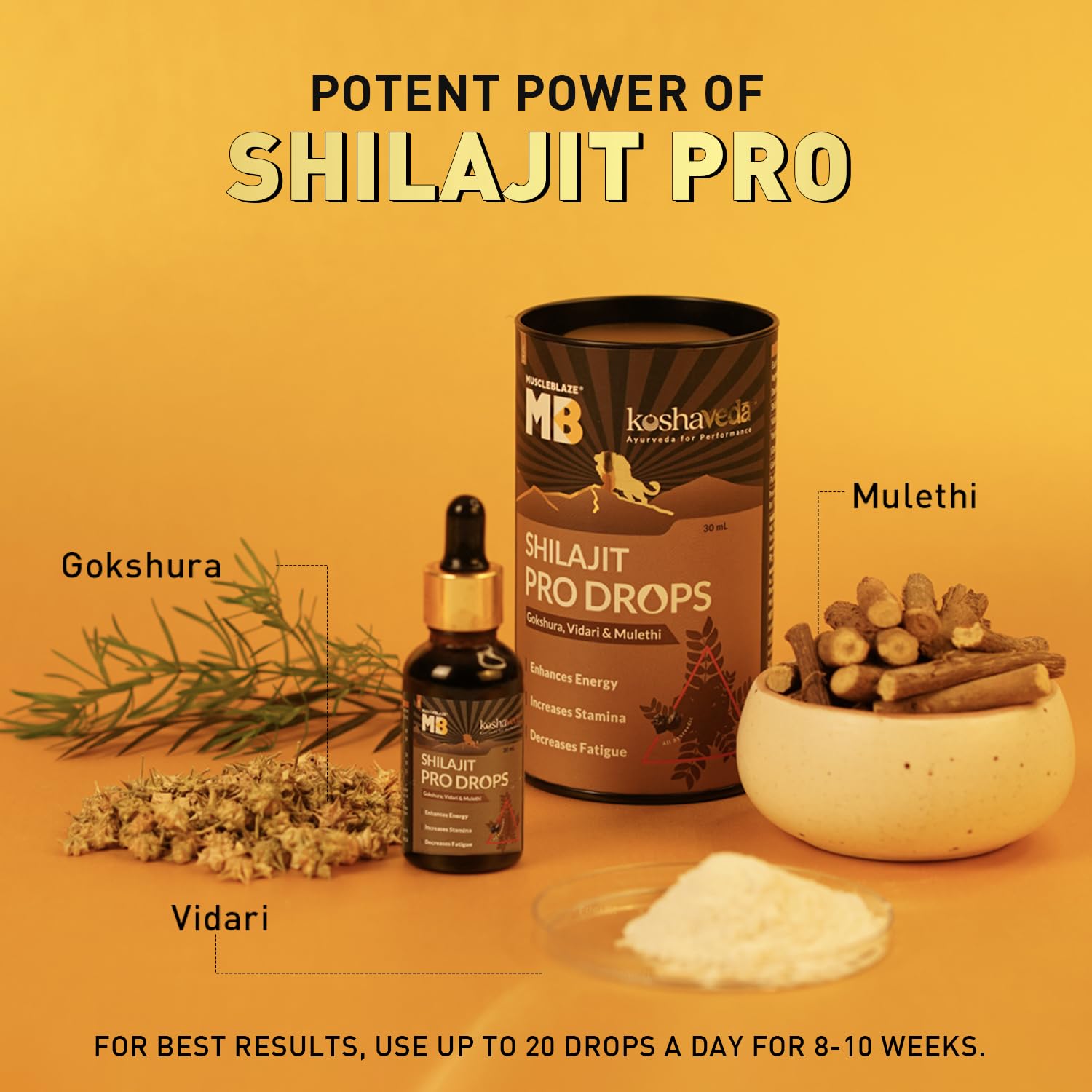MuscleBlaze Koshaveda Shilajit Pro Drops by (30ml) | Shilajit Original with Gokshura, Vidari & Mulethi | For Energy & Stamina
