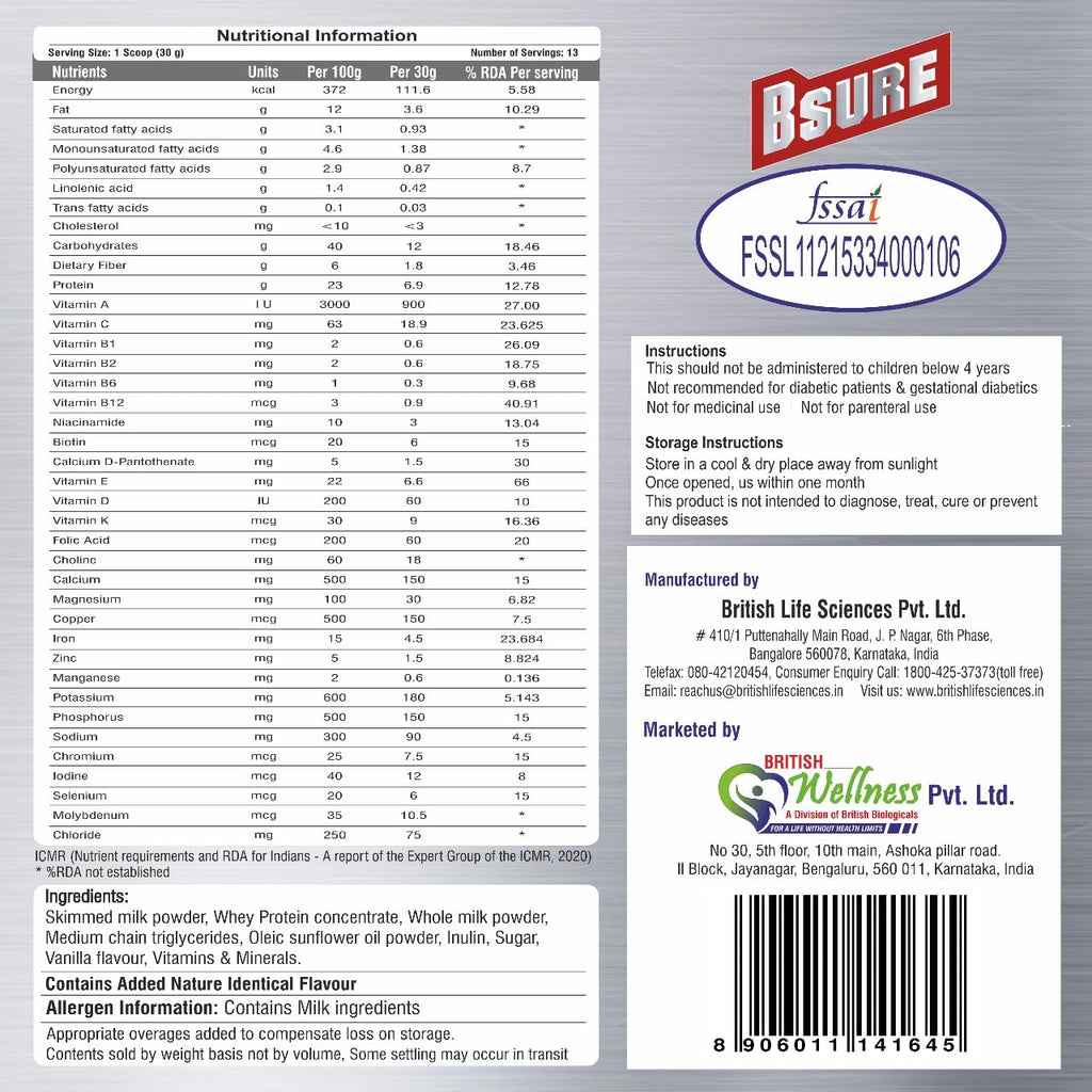 Bsure - For a Life Without Health Limits | Complete Balanced Nutritional Supplement for All Ages | Immunity Booster with 3 Vital Antioxidants & 28 Nutrients | Gluten-Free | Vanilla Flavour | 400g