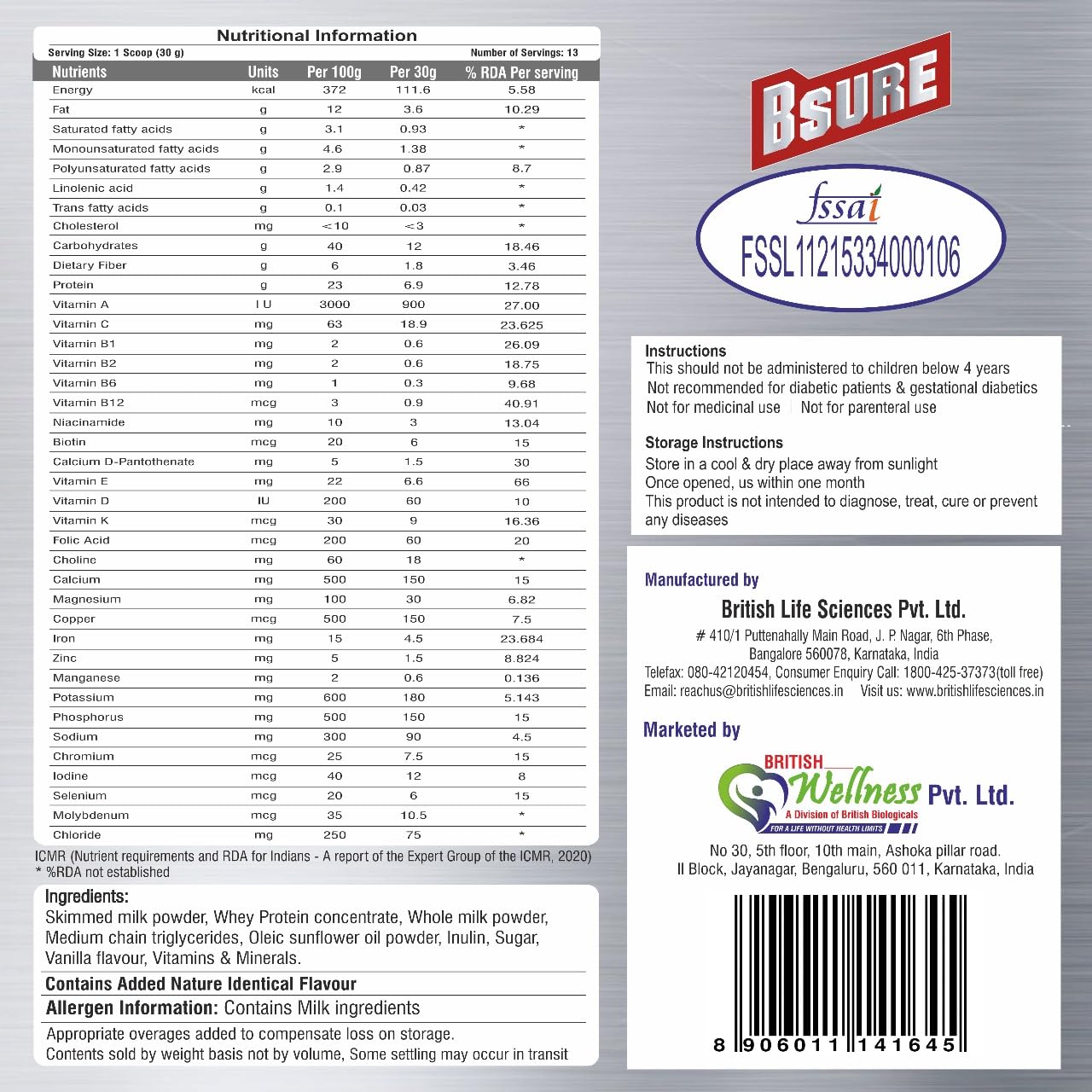 Bsure - For a Life Without Health Limits | Complete Balanced Nutritional Supplement for All Ages | Immunity Booster with 3 Vital Antioxidants & 28 Nutrients | Gluten-Free | Vanilla Flavour | 400g