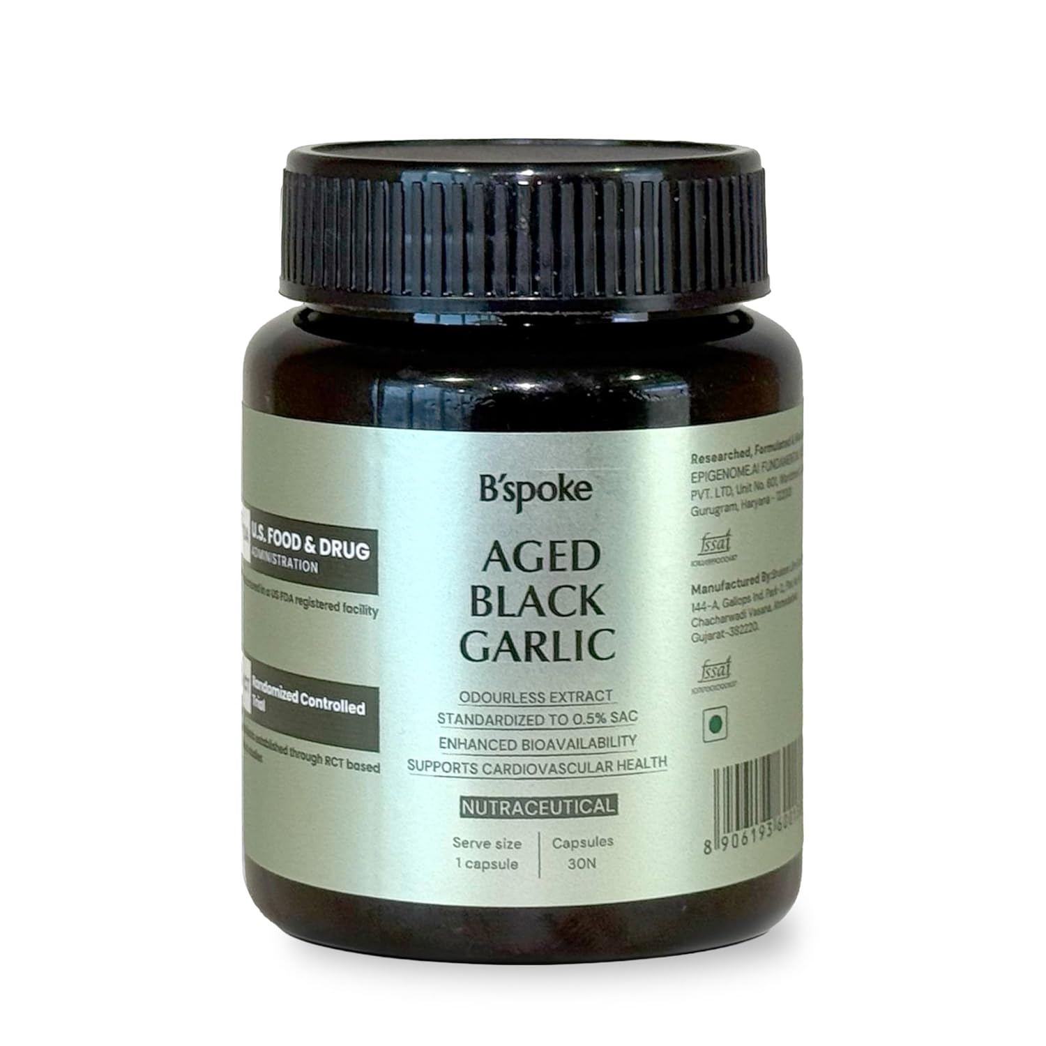 B'spoke Aged Black Garlic | Odourless Extract Standardized to 0.5% S-Allyl Cysteine (SAC) | Garlic Bulb Derived | Enhanced Bioavailability for Antioxidant & Cardiovascular Support | Gentle on Stomach