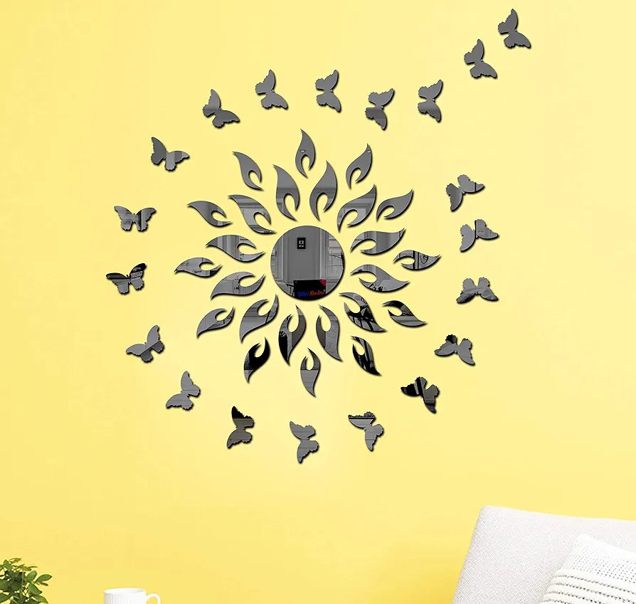 Bikri Kendra Art BK147 Sun Black with 20 Black Butterfly 3D Acrylic Mirror Stickers for Wall