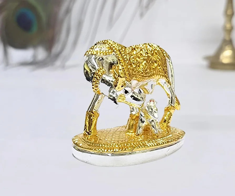 Gold Art India Om Kamdhenu Cow with Calf Idol  Gold Silver Plated