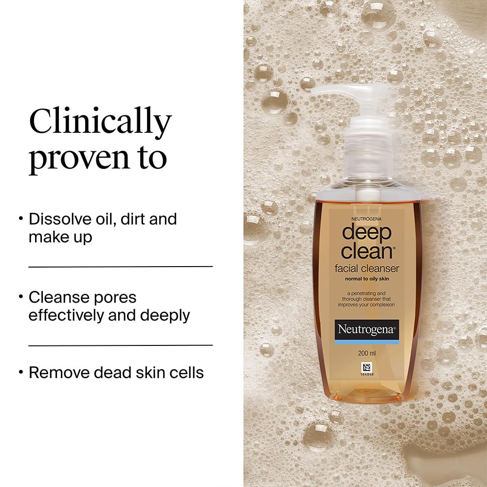 Neutrogena Deep Clean Gentle Facial Cleanser | 2x Glycerin & Cleansing Agent | Alcohol-Free | Dermatologist Tested | Normal to Oily Skin | For Men and Women | 200ml