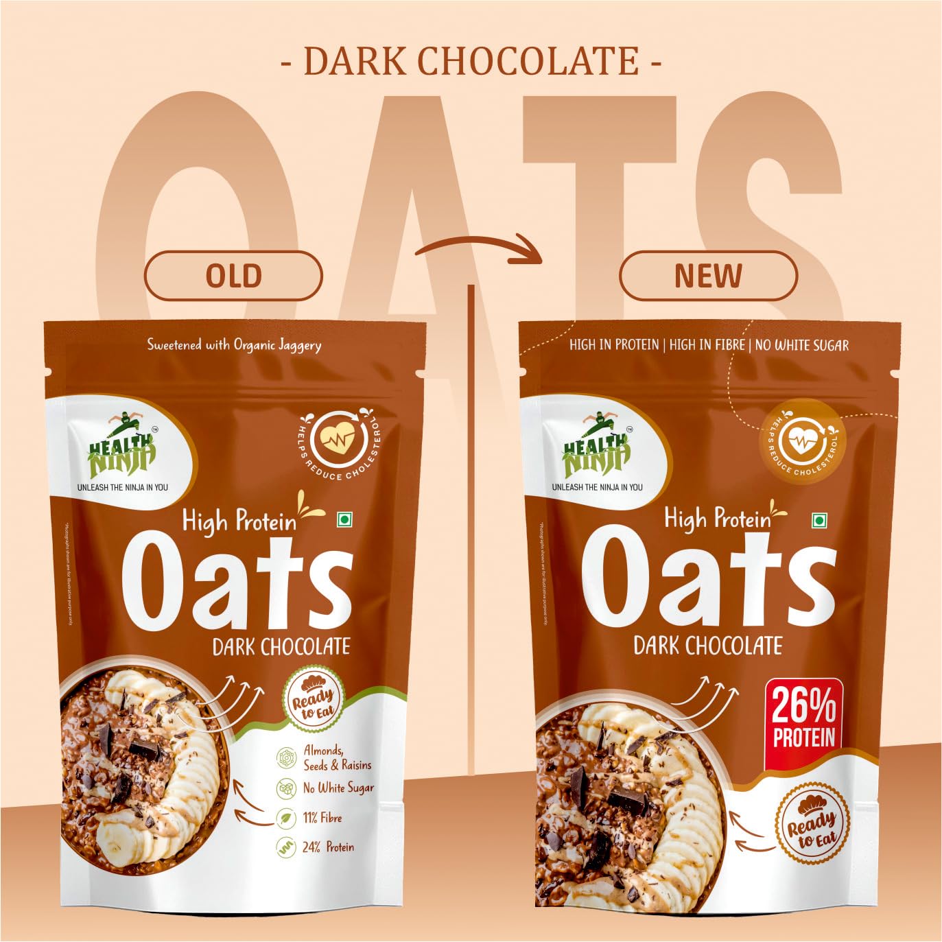 Health Ninja Dark Chocolate Oats | High Protein Breakfast Oats | Protein Oats 900 gm Pack