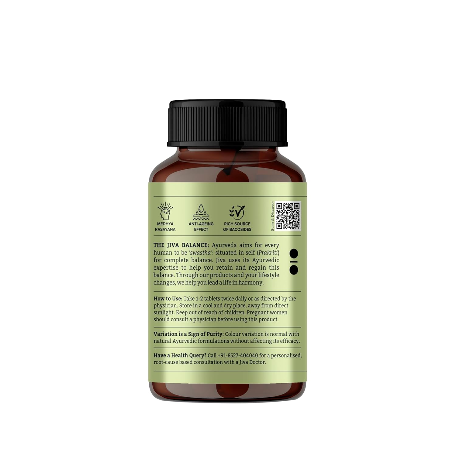 Jiva Brahmi Tablets 500mg | 100% Ayurvedic Formulation Rejuvenates Nervous System, Reduces Stress, Anxiety And Slows Down Aging- 120 Tablets