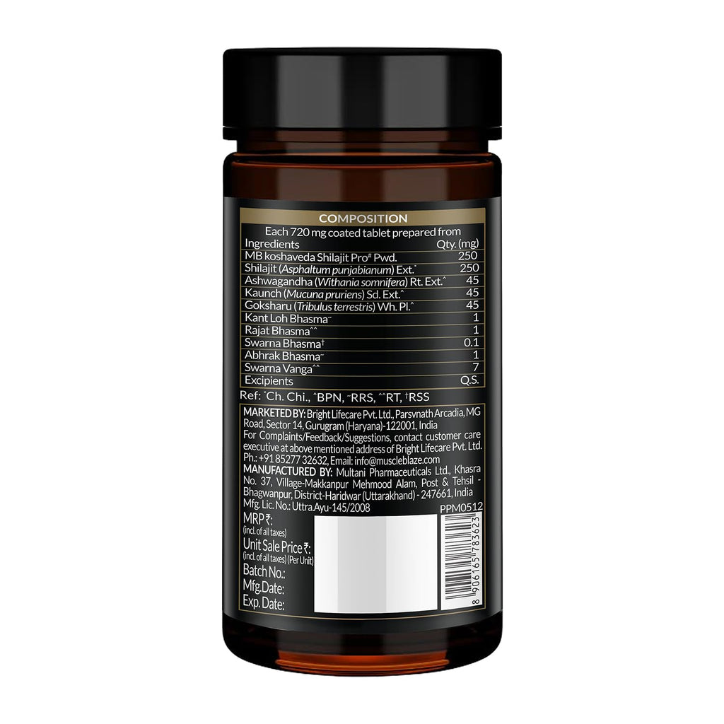 MuscleBlaze Koshaveda Shilajit Pro Gold by (60 Tablets) | Fortified with 24 Carat Gold, Shilajit, Ashwagandha & Gokshura | For Strength, Stamina & Recovery
