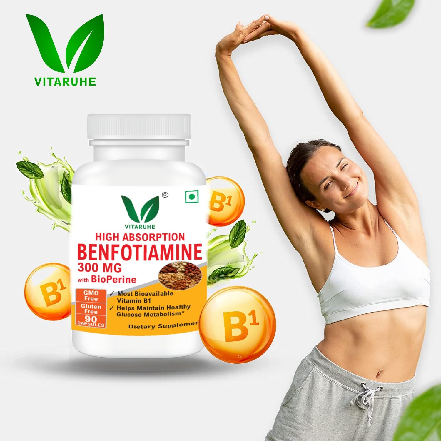 VITARUHE® Benfotiamine 300 Mg With Bioperine, Helps Maintain Blood Sugar Levels Supplement, 90 Capsules