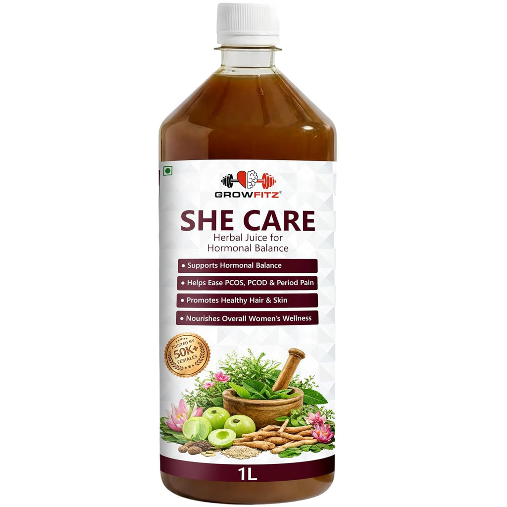 Growfitz She Care Herbal Juice 1000ml | Advanced Ayurvedic Formula for PCOS/PCOD, Hormonal Balance & Period Health | With Shatavari, Ashok Chaal, Amla & Giloy | No Added Sugar