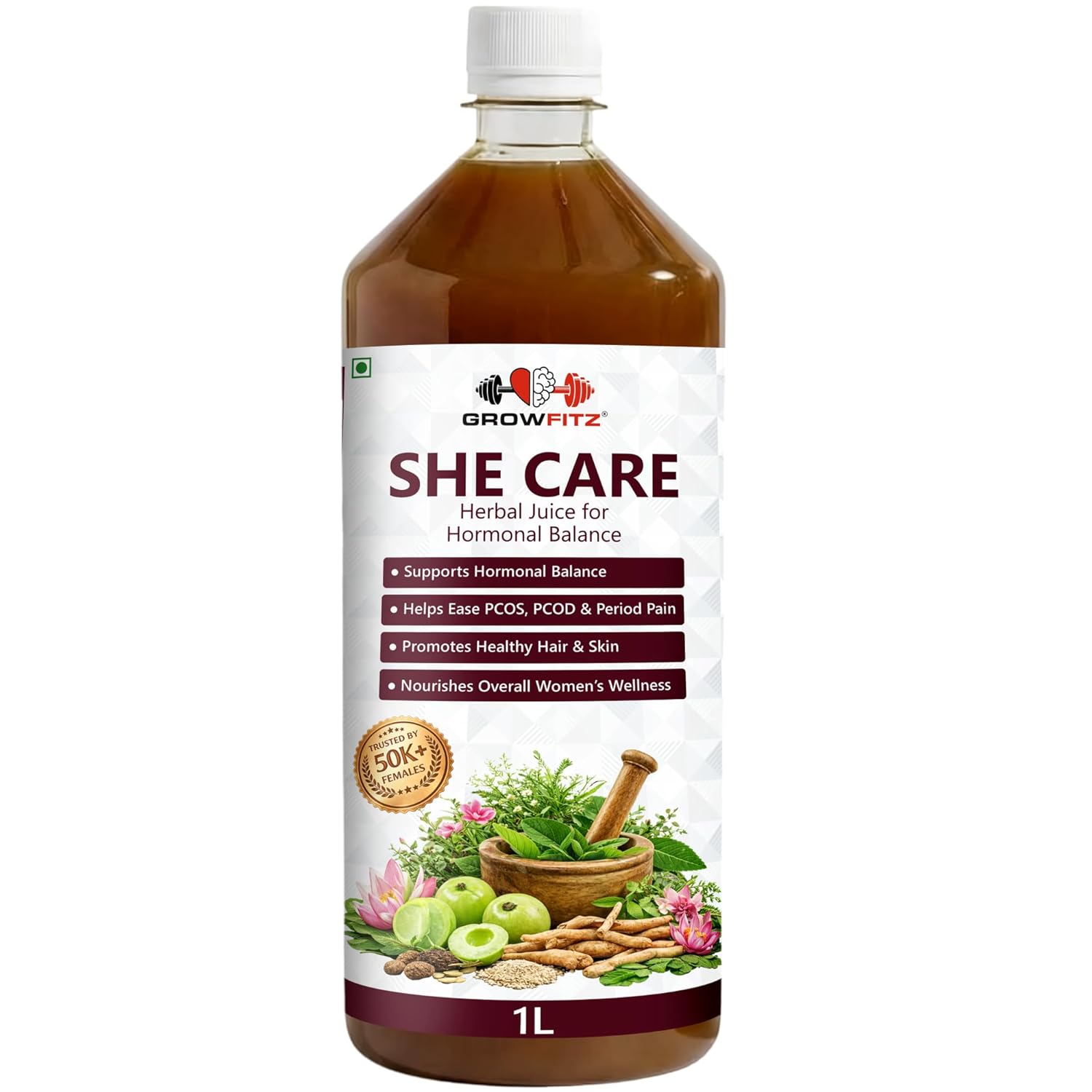 Growfitz She Care Herbal Juice 1000ml | Advanced Ayurvedic Formula for PCOS/PCOD, Hormonal Balance & Period Health | With Shatavari, Ashok Chaal, Amla & Giloy | No Added Sugar