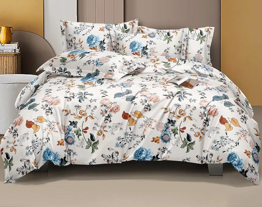 The Home Style 400 TC Cotton Feel Glace Cotton Elastic Fitted All Around Printed King Size Double Bed Bedsheet wih 2 Pillow Cover Multicolor Florenza