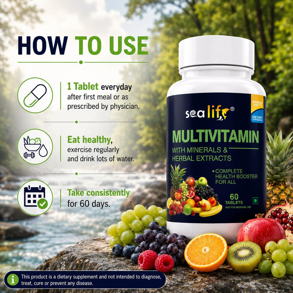 Sea Life Multivitamin With Herbal Extract With Zinc, Calcium,Vitamin C, D2 and Natural Herbal Extracts, Complete Health Booster, For Daily Immunity Strong Bones, and Enhances Energy Level (Pack of-1)