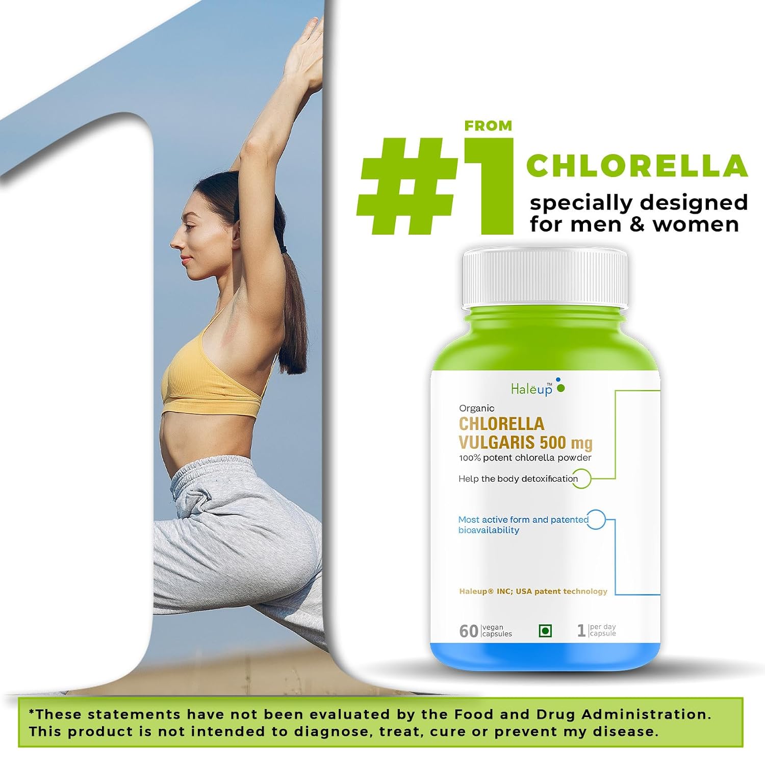 Haleup Organic Chlorella Detox Caps 500 mg | Protects Liver and promotes Health | Removes Heavy Metals & Body Toxins I 60 Veg Capsules