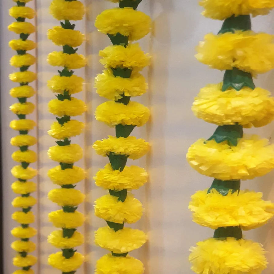 Reusable Artificial Flowers Hanging Garlands Artificial Marigold Flowers Toran Pack of 3 Yellow