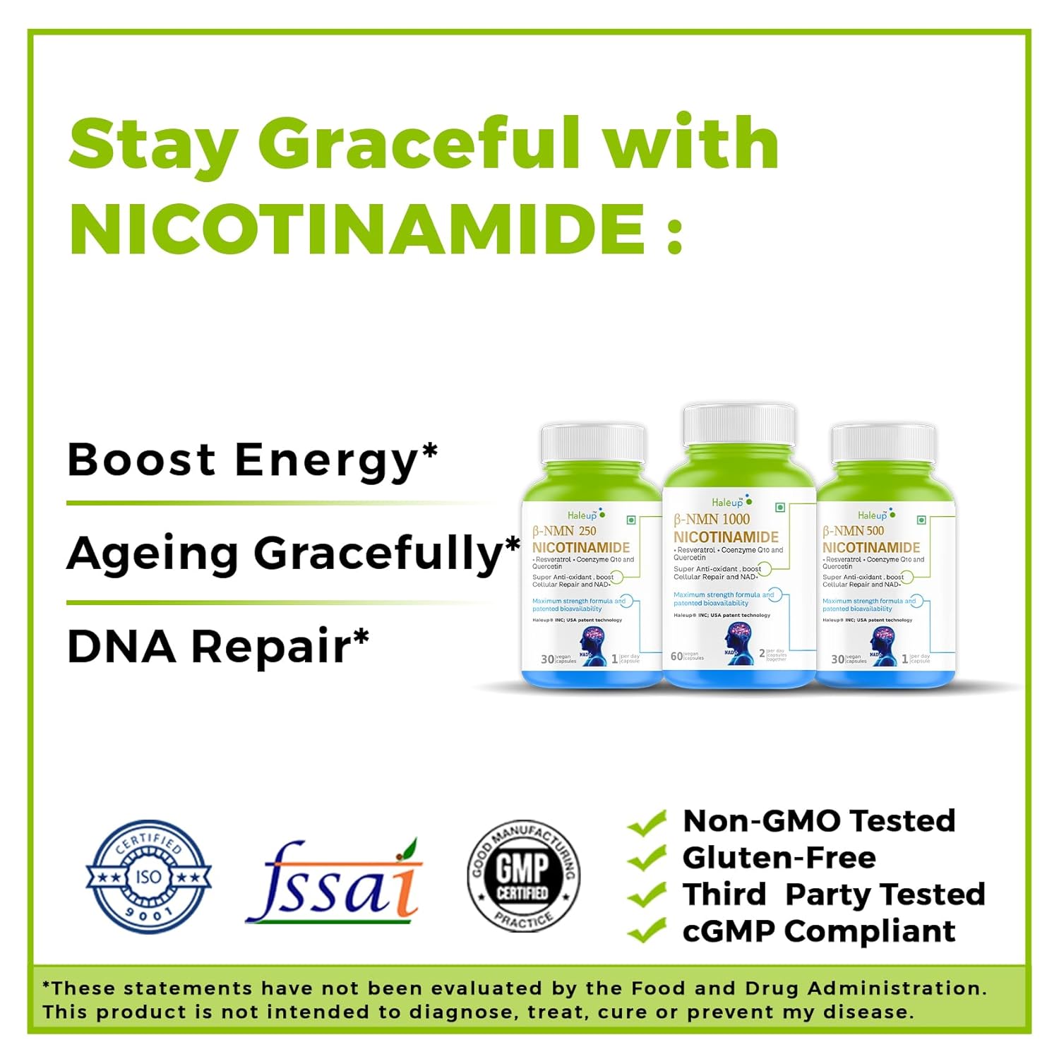 Haleup USA NMN 250 mg 3-in-1 Formula, Enriched with Resveratrol, Quercetin and CoQ10 |99.9% Pure |Healthy Ageing|Cellular Repair|Boost NAD+| Energy Levels| Skin Health