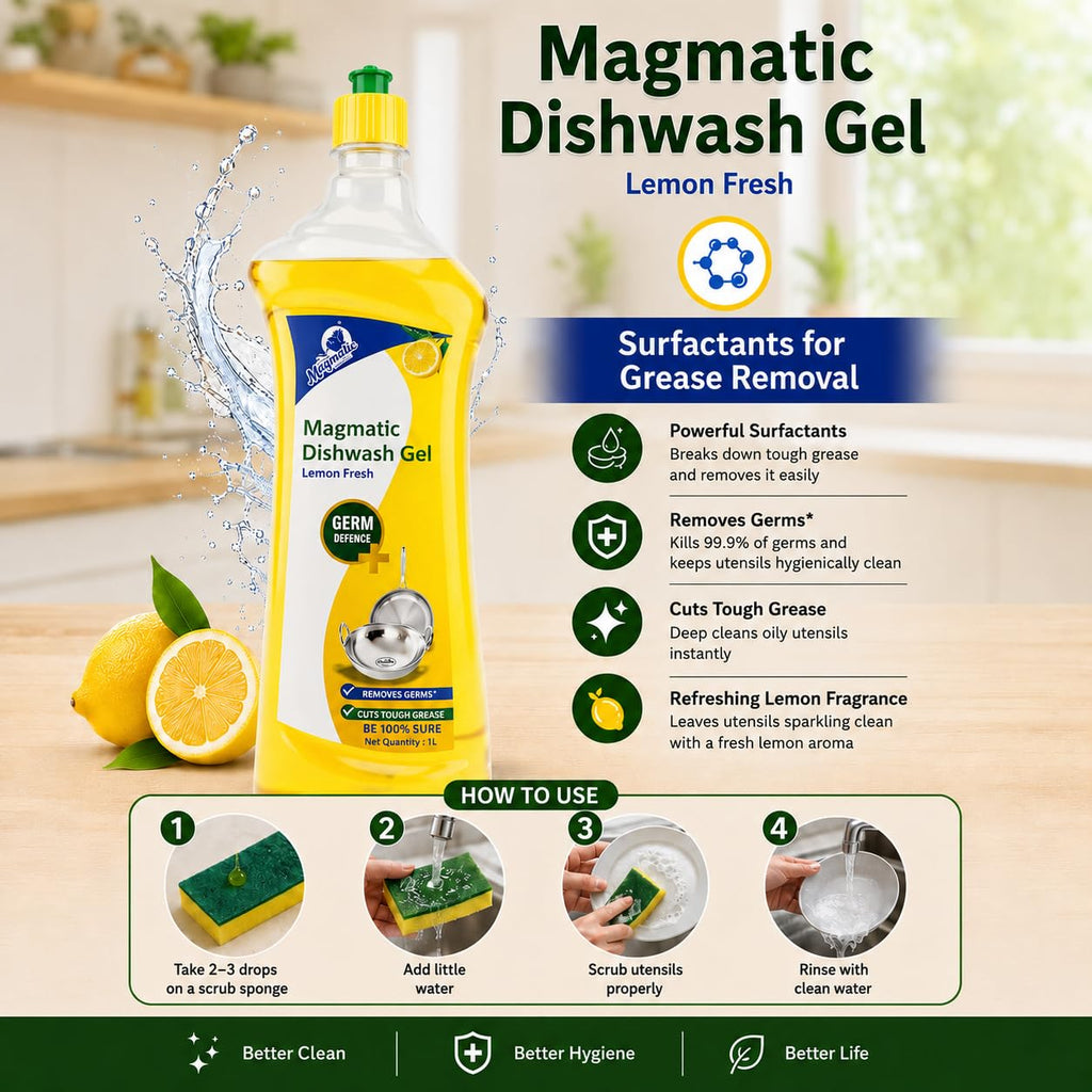 Magmatic Dishwash Liquid Gel | Lemon Fresh – Tough Grease & Oil Remover | Germ Protection Formula | Kitchen Utensil Cleaner | 1L