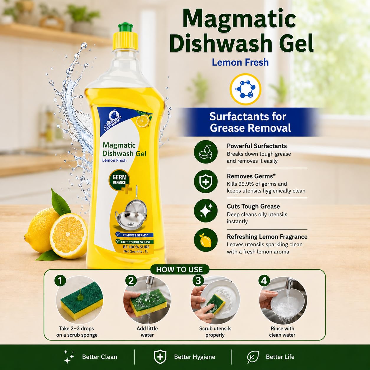Magmatic Dishwash Liquid Gel | Lemon Fresh – Tough Grease & Oil Remover | Germ Protection Formula | Kitchen Utensil Cleaner | 1L