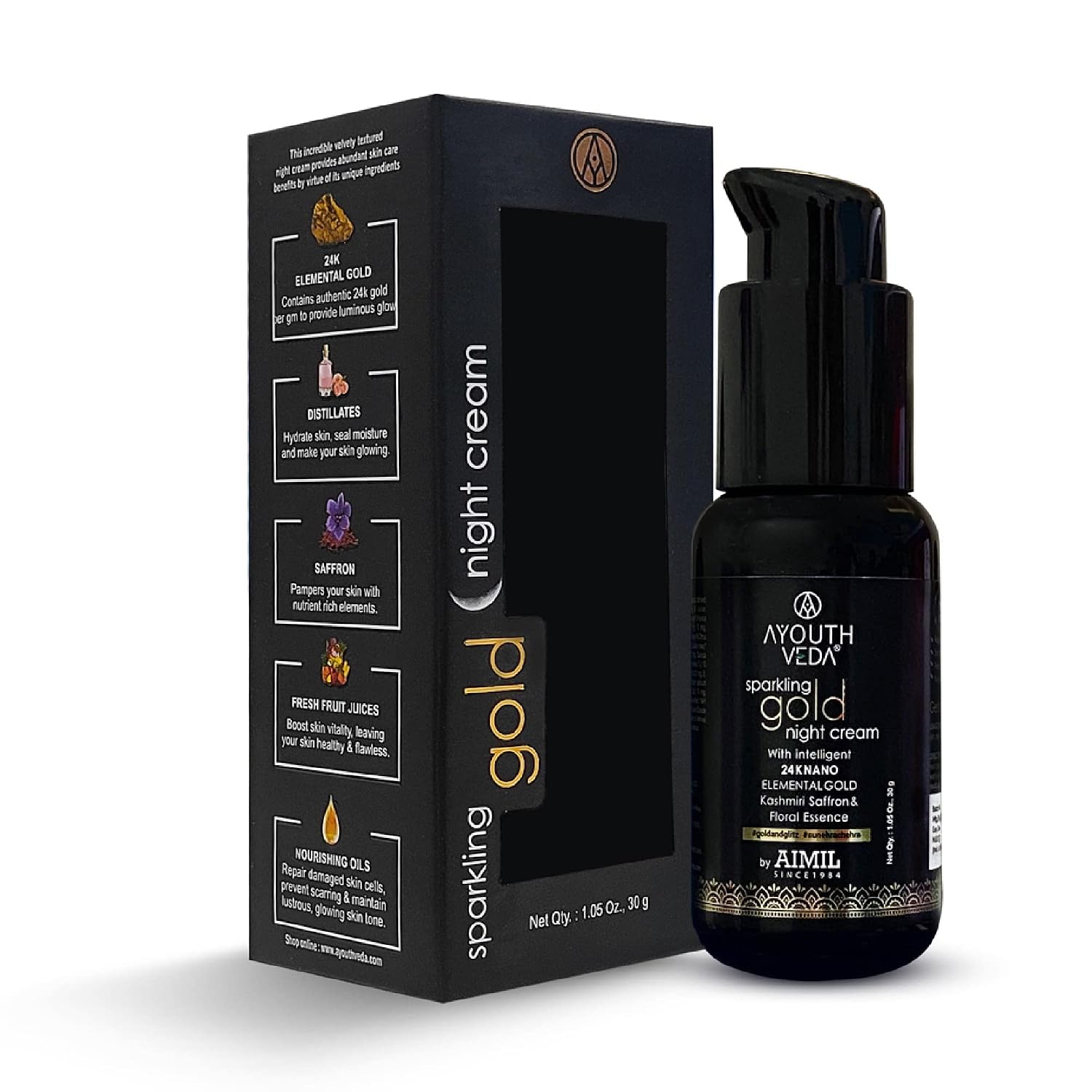 Ayouthveda Sparkling Gold Night Cream | 24K Nano Gold & Kashmiri Saffron | Reduces Fine Lines, Wrinkles & Dark Spots | Restores Skin Firmness & Elasticity | Overnight Anti-Ageing Face Cream (30g (Pack of 1))