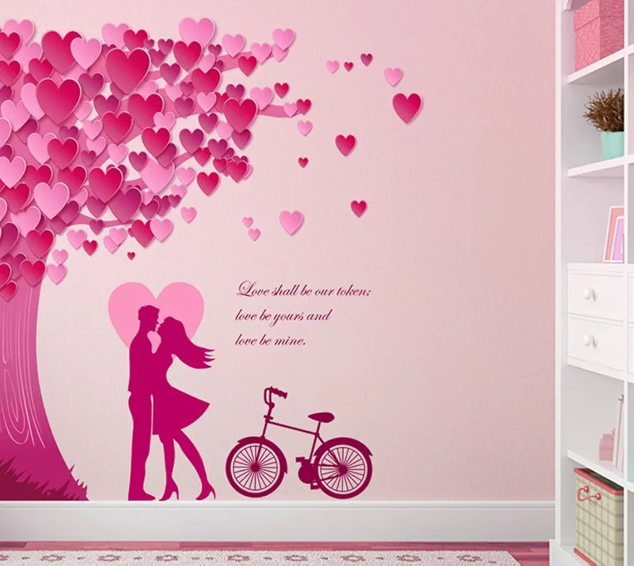 Decals Design Romantic Couple Under The Heart Leaves Tree and Love Quote with Bicycle Wall Sticker