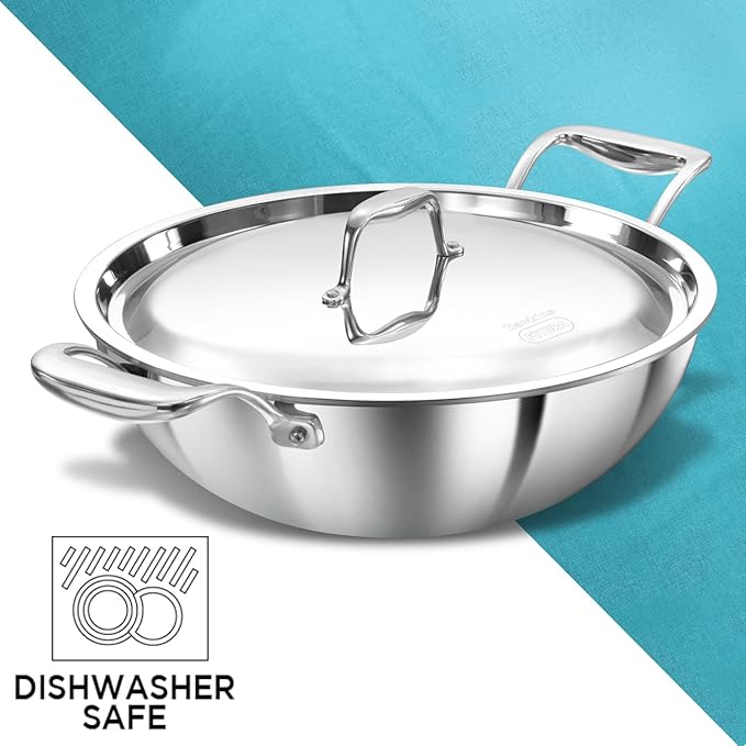 Hawkins Pro 3.5 Litre Deep-Fry Pan, Triply Stainless Steel Kadhai with Stainless Steel Handles and Stainless Steel Lid, Silver