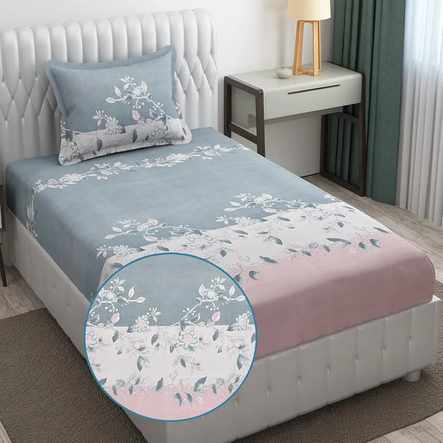 Fresh From Loom Single Bed Floral Print Microfiber Bedsheet Set 240 TC Anti Fade Includes 1 Pillow Covers Walnut-Grey