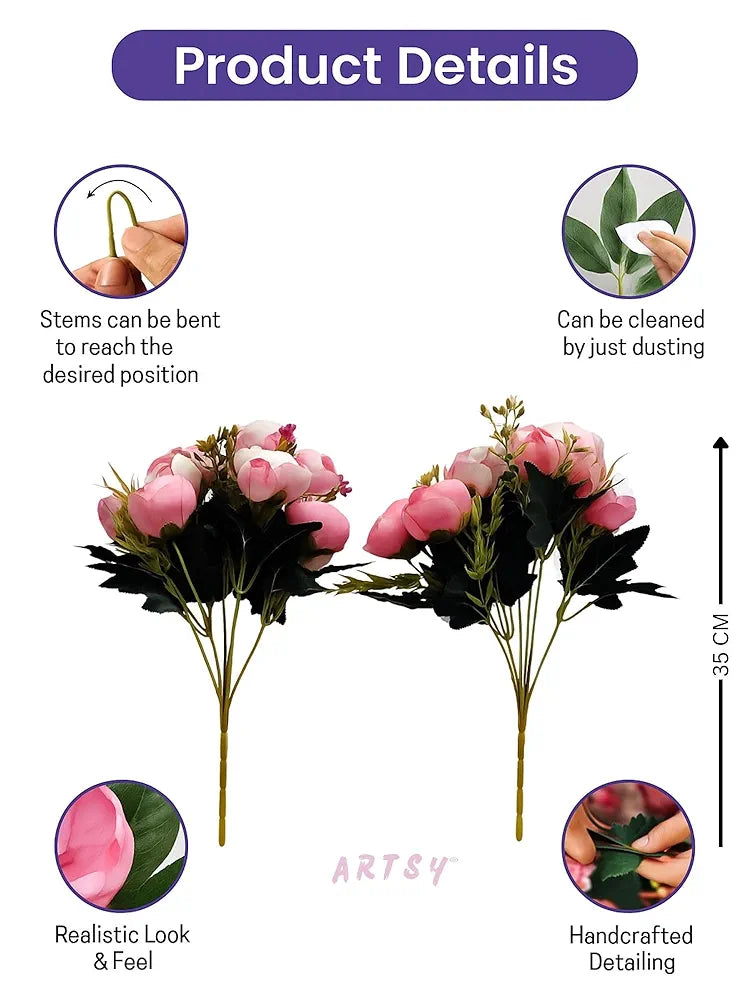 Artificial Flowers Dry Peony Rose Flower Bunch Without Vase Pack of 2 piece 6 Branches each Baby Pink