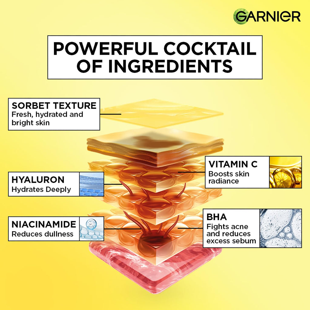Garnier Fresh & Bright Vitamin C Sorbet Moisturizer, 4.5% Vit C + Hyaluronic Acid + Niacinamide + BHA, 9x Lighter Sorbet Cream, For Hydration & Dark Spot Reduction, Suitable for Oily to Normal & Combination Skin, 45g