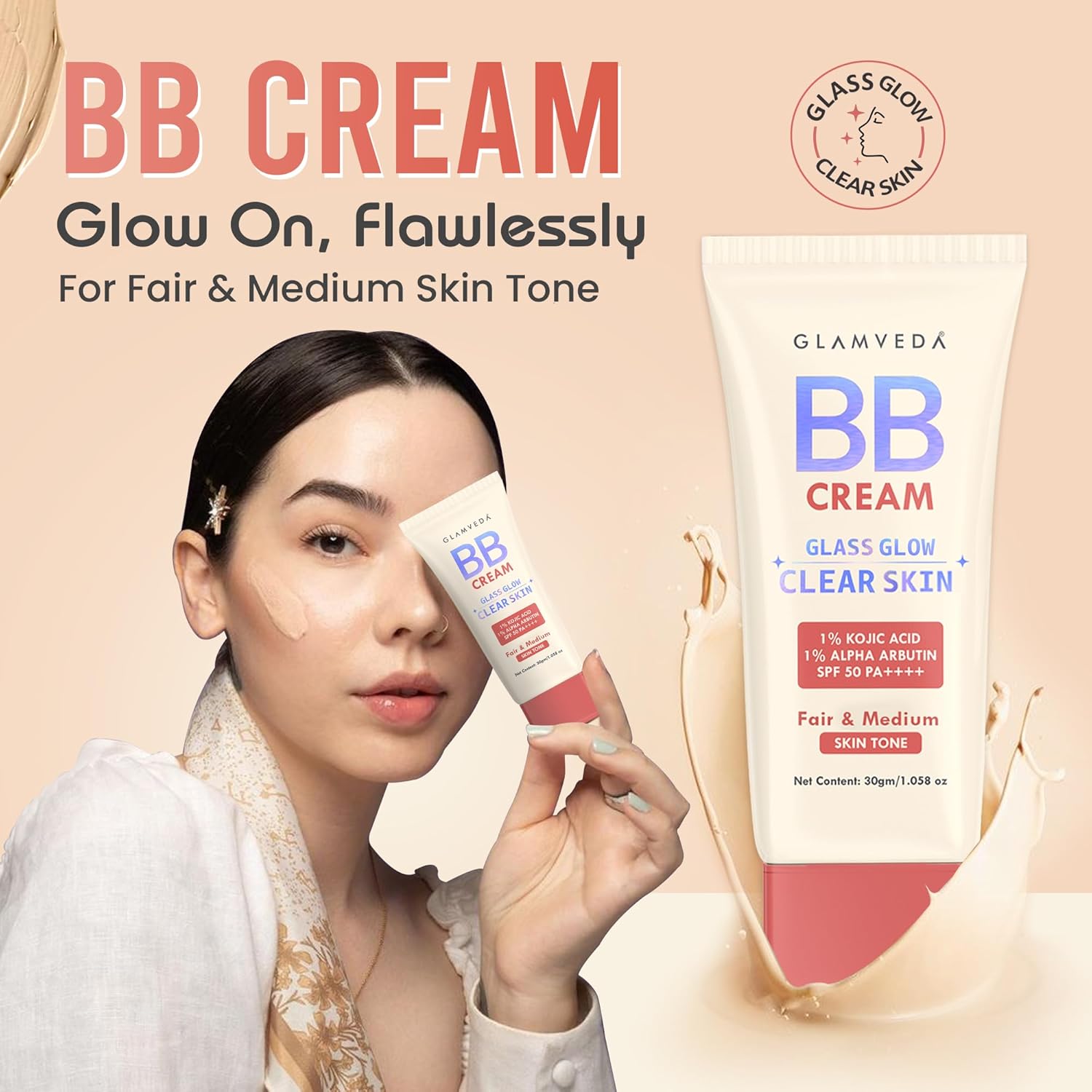 Glamveda BB Cream Lightweight Foundation | Fair & Medium Skin Tone BB Cream for Women With SPF 50++++ | Instant Spot Coverage | Light Make-up Glow | Non-Sticky & Waterproof | Colour Correction - 30g