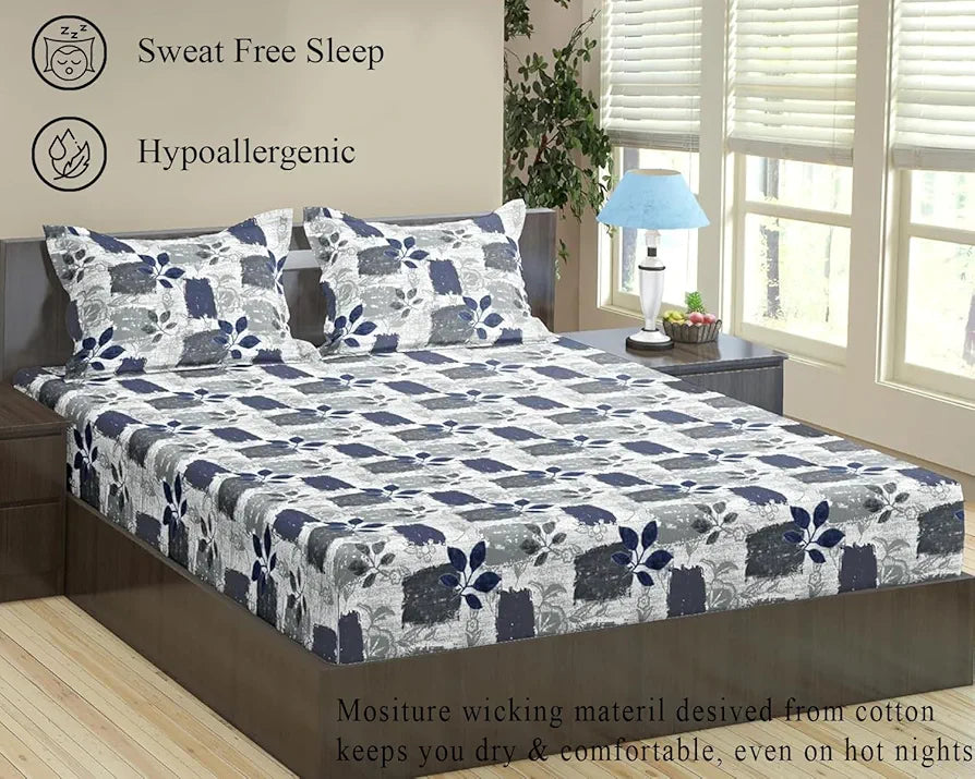 Trance Home Linen 100% Cotton 144Tc Elastic Fitted Bedsheet Printed Single Bed Size Bedspread with 1 Pillow Cover Colour Blue Beech