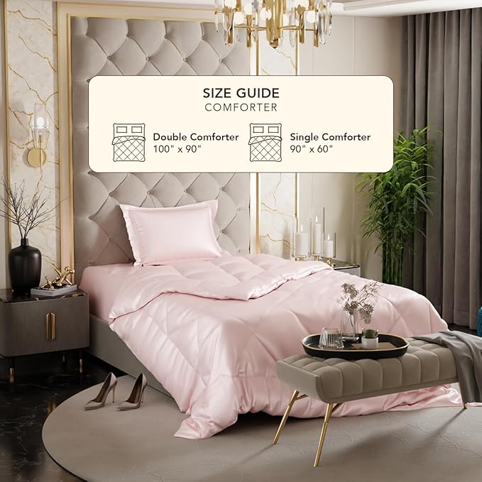 Stoa Paris Satin Comforter Single Bed with 300 TC One Pillow Cover Colour Blushing Pink
